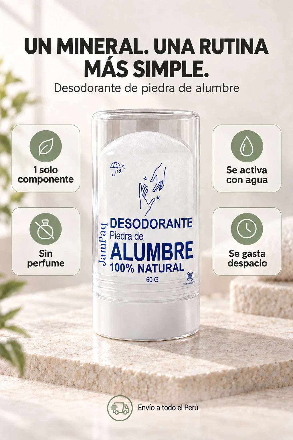 Un mineral. Una rutina más simple. Desodorante de piedra de alumbre: un solo componente, sin perfume, se activa con agua, se gasta despacio. Envío a todo el Perú.