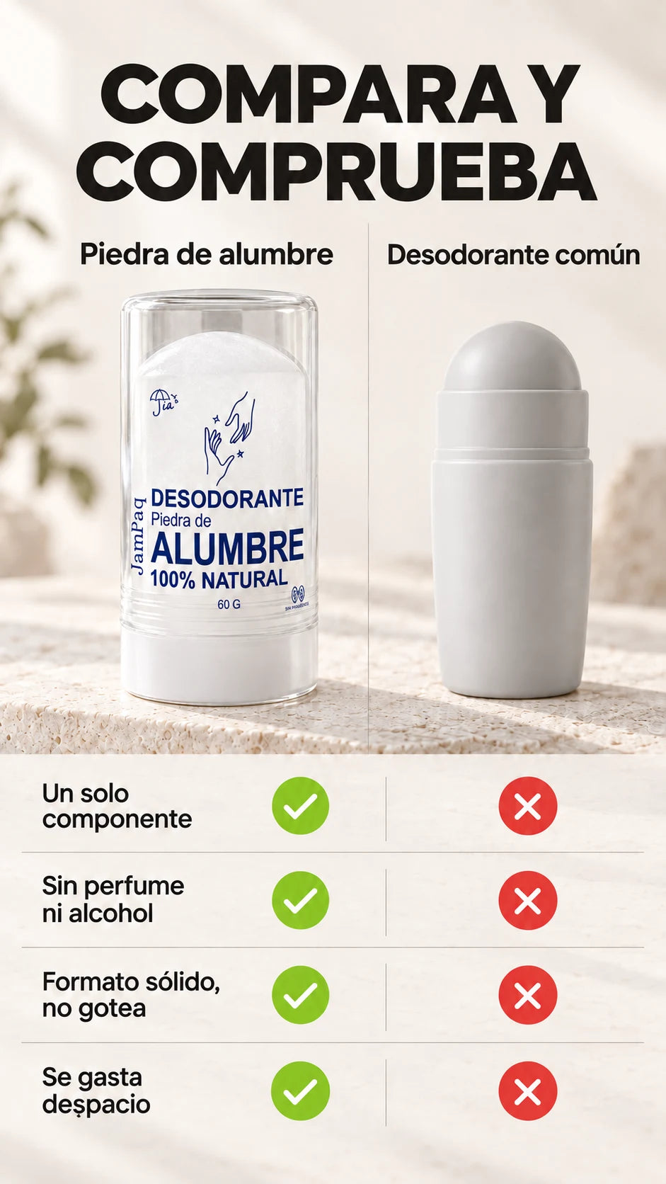 Compara y comprueba: piedra de alumbre frente a desodorante común. Un solo componente, sin perfume ni alcohol, formato sólido que no gotea, se gasta despacio.